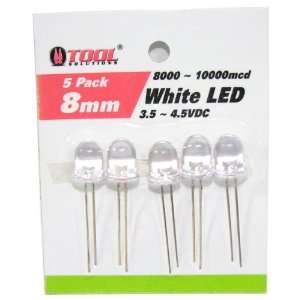  PKG(5) 8mm Super Bright White LEDs 3.5 to 4.5VDC, 8,000 to 