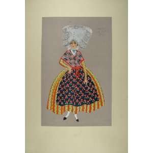  1929 Pochoir Woman Dress Lace Headdress Marennes France 