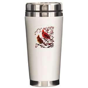  Ceramic Travel Drink Mug Christmas Cardinals Snowy Red 