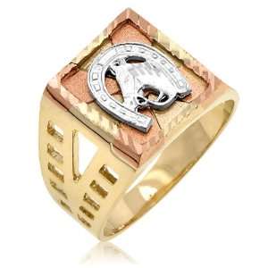   14K Tri Color Gold Ring Accented With White Gold Horse Shoe Jewelry