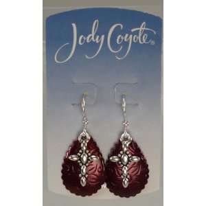 Jody Coyote Silver Cross Burgundy Teardrop Earrings QM966