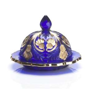  Cobalt Blue Glass Gold Decorated Round Domed Butter Dish 