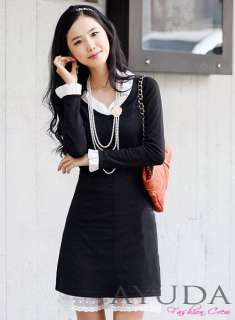 Elegant Black Cotton Chiffon Ruffle Lace Hem Long Sleeve Women Plus 