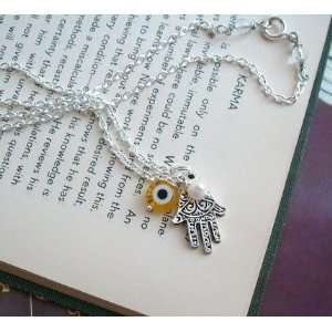  Hamsa Kabbalah Necklace  Pearl and Yellow Evil Eye 
