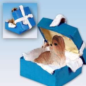 Shih Tzu Blue Gift Box Dog Ornament   Brown & White