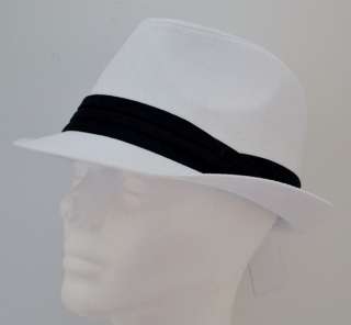 New Solid White Cotton Fedora Bucket Cap Hat Black Band Trilby Mens 