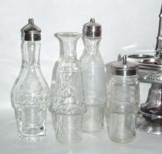 ANTIQUE GLASS + SILVER PLATE TURNTABLE CONDIMENT SET  