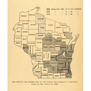  1918 Print German Settlement Distribution 1880 WI Map 