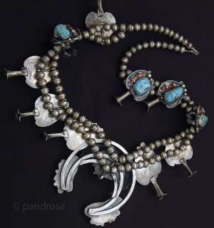  Squash Blossom necklace in oxidized silver with turquoises and corals