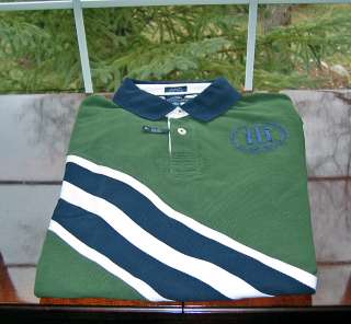   Hilfiger Mens SS 100% Pique Cotton Green/Navy Polo Shirt Custom Fit
