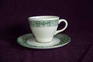 Currier & Ives green cup & saucer set Scio transferware  