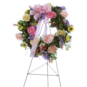   Memorial Cemetery Silk Flower Arrangement   Pink Wreath on Easel
