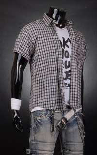 3mu Mens Fashion Casual Short Sleeves Checks Plaids Shirts Tops Polo 