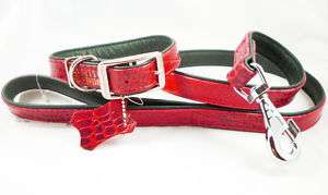 Red Leather Dog Collar Leash Croc Embossed Set 15 19  