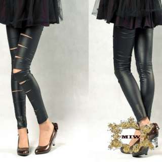   XL New Black Leather Look Front Slit Cut Skinny Pants Leggings  