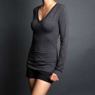   Basic LONG SLEEVE Stretch T Shirts Solid Cotton V neck Top  