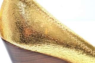 Tory Burch Gold Leather Julianne Peep Toe Wedges Logo Pumps Heels Sz 9 