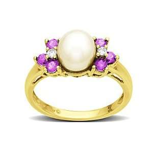  Pearl, Created Pink Sapphire and Diamond Accent Ring in 