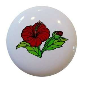   Red Hibiscus Flower Ceramic Cabinet Drawer Pull Knob 