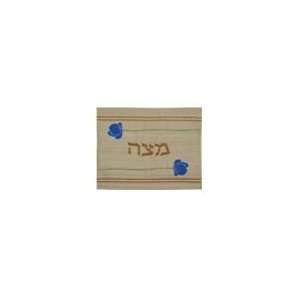  Raw Silk Passover Matzah Cover, Brown with Blue Decorative 