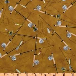  44 Wide Rod & Reel Fishing Rod Gold Fabric By The Yard 