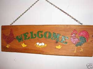 Handcrafted, Routed Wood, Rooster and Hen Welcome Sign  
