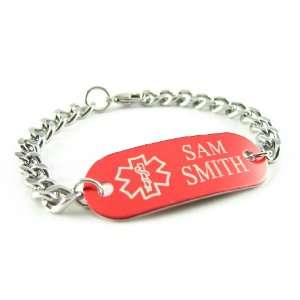  Custom Engraved, Red Aluminum, Medical Bracelet, Curb 