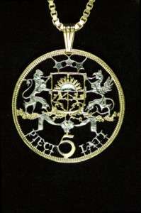 Latvia Royal Seal CutCoin Pendant Necklace 1 3/8dia.  