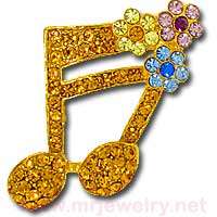 NEW MUSIC NOTE with FLOWERS Rhinestone Brooch Pin  