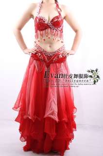 Belly Dance Costume 3Pics 34C Bra&Belt Skirt Red  
