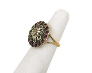 STUNNING ANTIQUE 14K GOLD & STERLING OMC DIAMOND GEMS DOMED DRESS RING