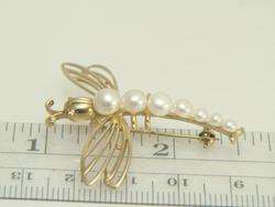 14K Yellow Gold Cultured Pearl Dragonfly Pin Brooch  