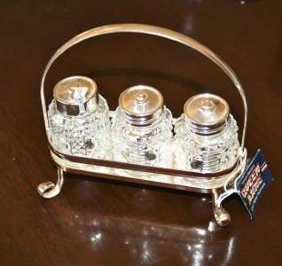   PLATED 3 PIECE CRUET SET BY MAYELL QUEEN ANNE ENGLAND   FOOTED STAND