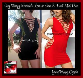 HOT Black Red STRAPPY MINI DRESS Lace up Sides CLUBWEAR  