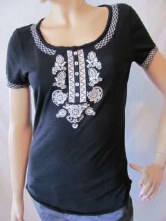 New LUCKY BRAND Women Black S/S Henley Hubbell Embroidered Top Knit 