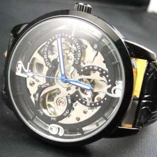 Hollow black dial Automatic Mechanical leather Watch  
