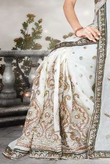 White Party Wear Saree Indian Embroidery Sequin Sari  