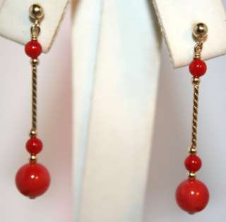 14K gold natural Mediterranean Sea Red Coral earrings  
