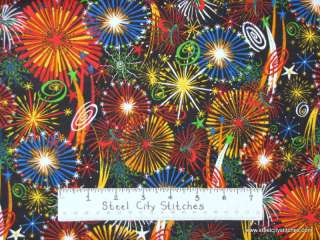   Of July Multicolor Fireworks Independence Day Cotton Fabric BTY  