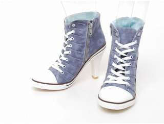 Women High Heels Canvas Sneakers Tennis Shoes Boots Blue US 5.5 8 