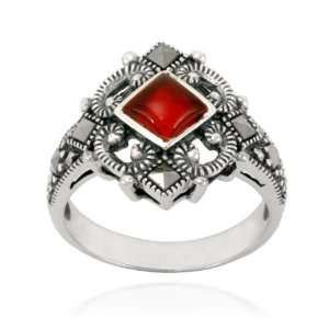  Sterling Silver Marcasite and Diamond Shape Carnelian Ring 