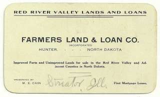Vintage 1910 15 Business Card Farmers Land & Loan Co. Hunter, North 