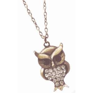   Brass & Crystal Owl Necklace    LOOONG 30 Brass Chain Jewelry