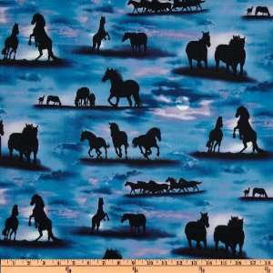  44 Wide Sunrise Sunset Horse Silhouettes Blue Fabric By 