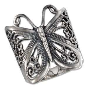  Sterling Silver Antiqued Butterfly Filigree Ring Jewelry