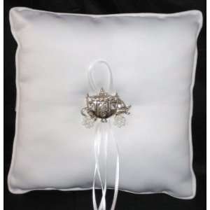  White Satin Pillow with Silver Coach Ring Pillow