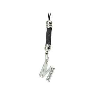 LETTER M With BLACK/SILVER CRYSTAL GEM STONE CELL PHONE CHARM HAND 