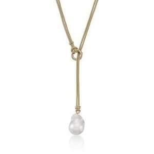   Baroque Pearl and Leather Lariat Necklace In 14kt Yellow Gold Jewelry