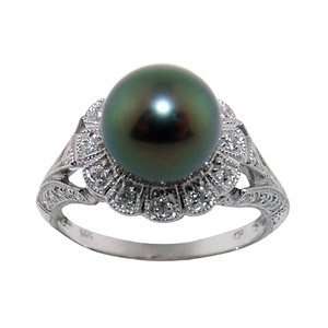 14K White Gold 8 9mm Tahitian Black Pearl and Diamond Ring R 3032W AM