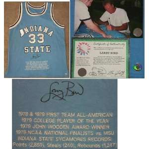    Larry Bird Signed Indiana State Stat Blue Jersey